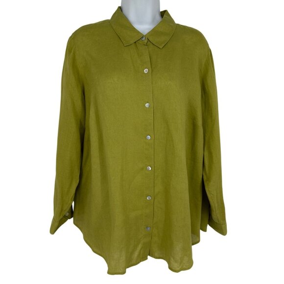 J. Jill Love Linen Green Roll Tab Long Sleeve Button-Up Shirt Women's Size XLP - Picture 1 of 9